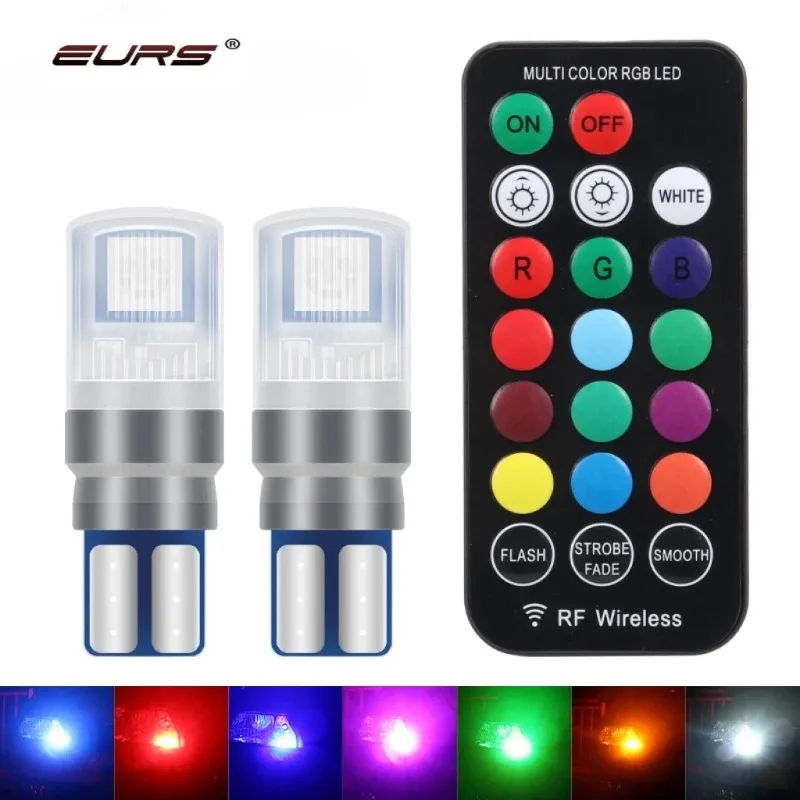 Remote Control With 2pcs RGB T10 W5W LED 194 168 5050 12v Car Dome Reading Light Automobiles Corner Lamp RGB LED Bulb