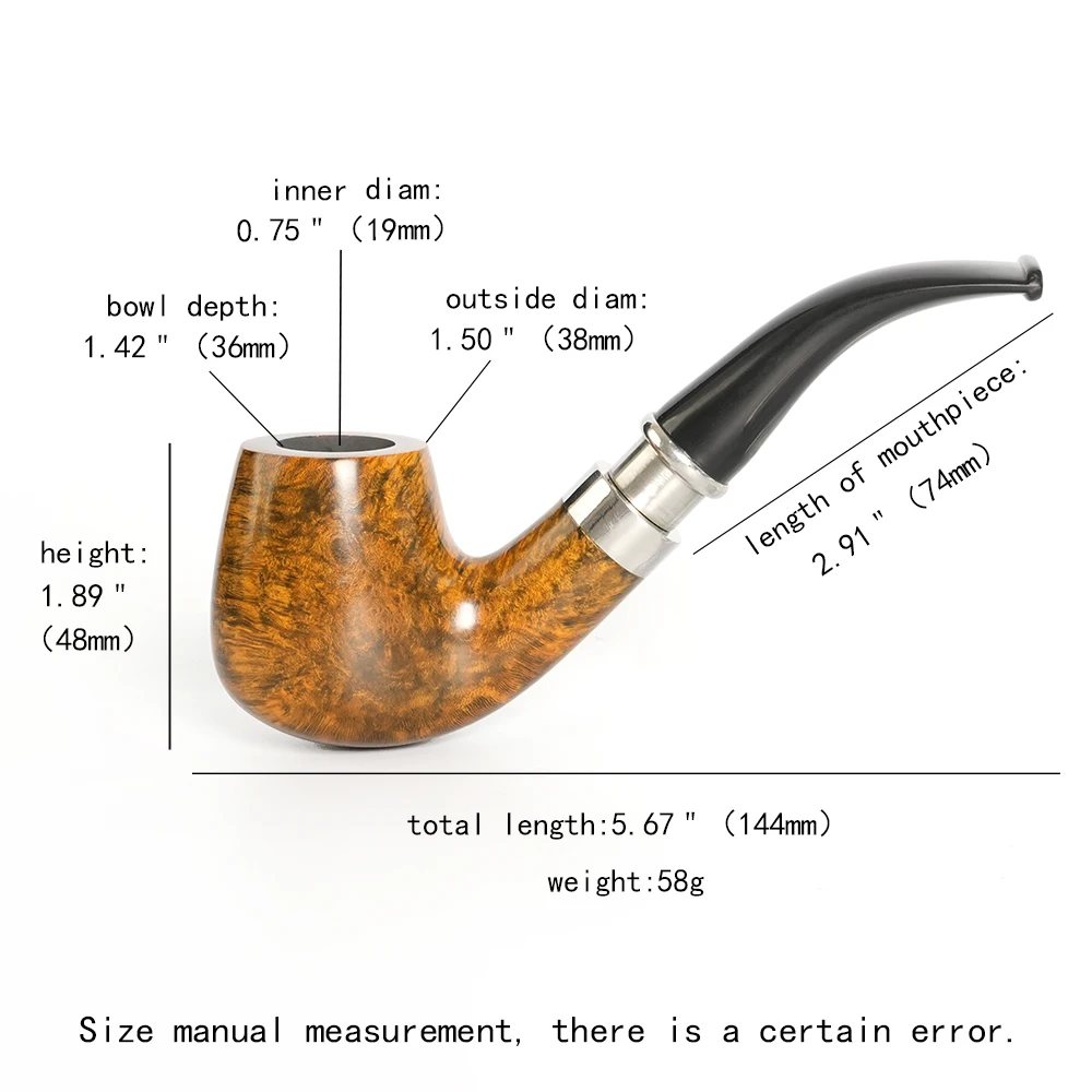 MUXIANG Briar Tobacco Pipe Curved Handle SherlocksHolmes Pipe Handle Briar Pipe 9mm Pipe Channel Silver Circle Decorative Ring