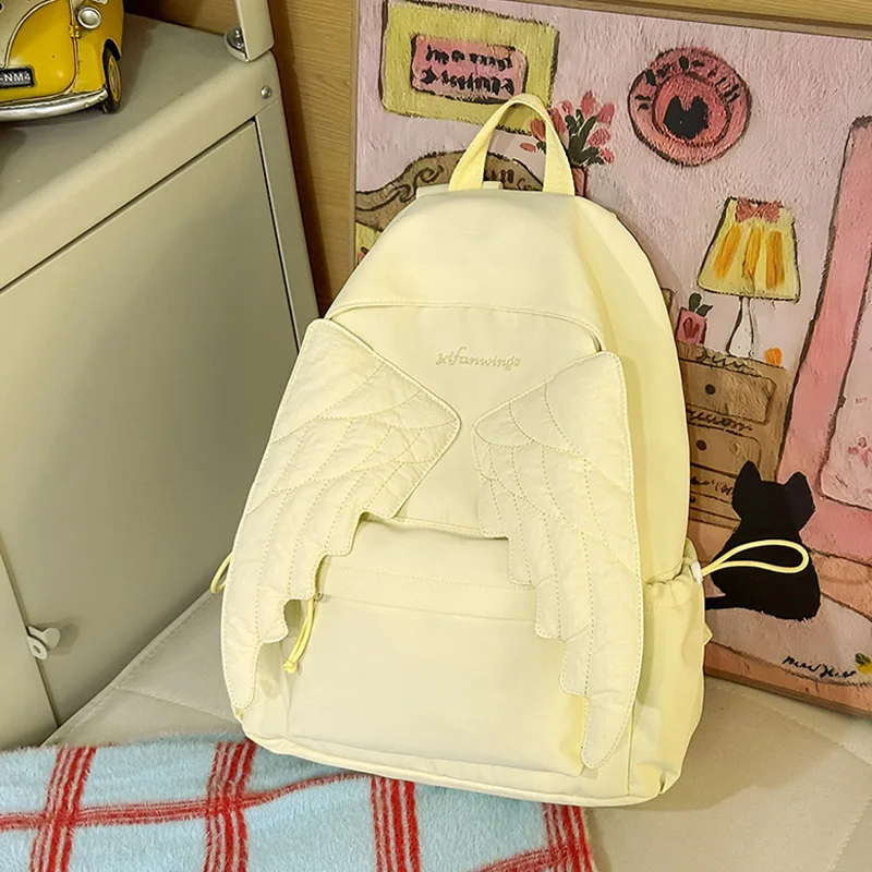 Angel Wing Backpack Y2K Canvas Large Capacity School Bag Kawaii Travel Bag Lightweight Solid Color School Bag ﻿