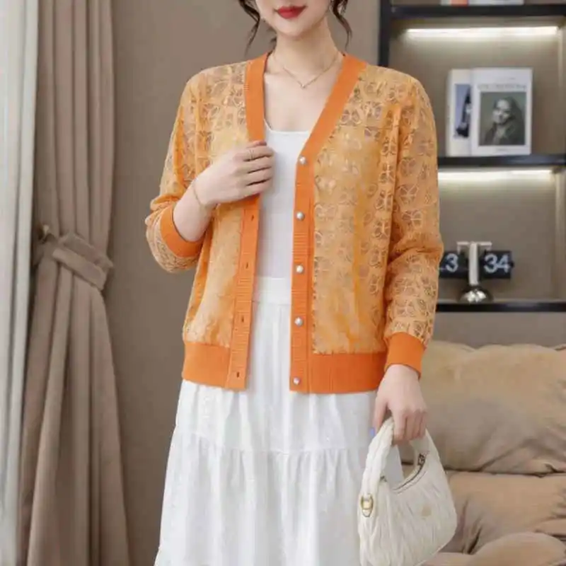 Women Thin Lace Hollowed Out Cardigan Sweater Outerwear Sun Protection Coat Air Conditioning 2026 Summer Breathable Knitted Top