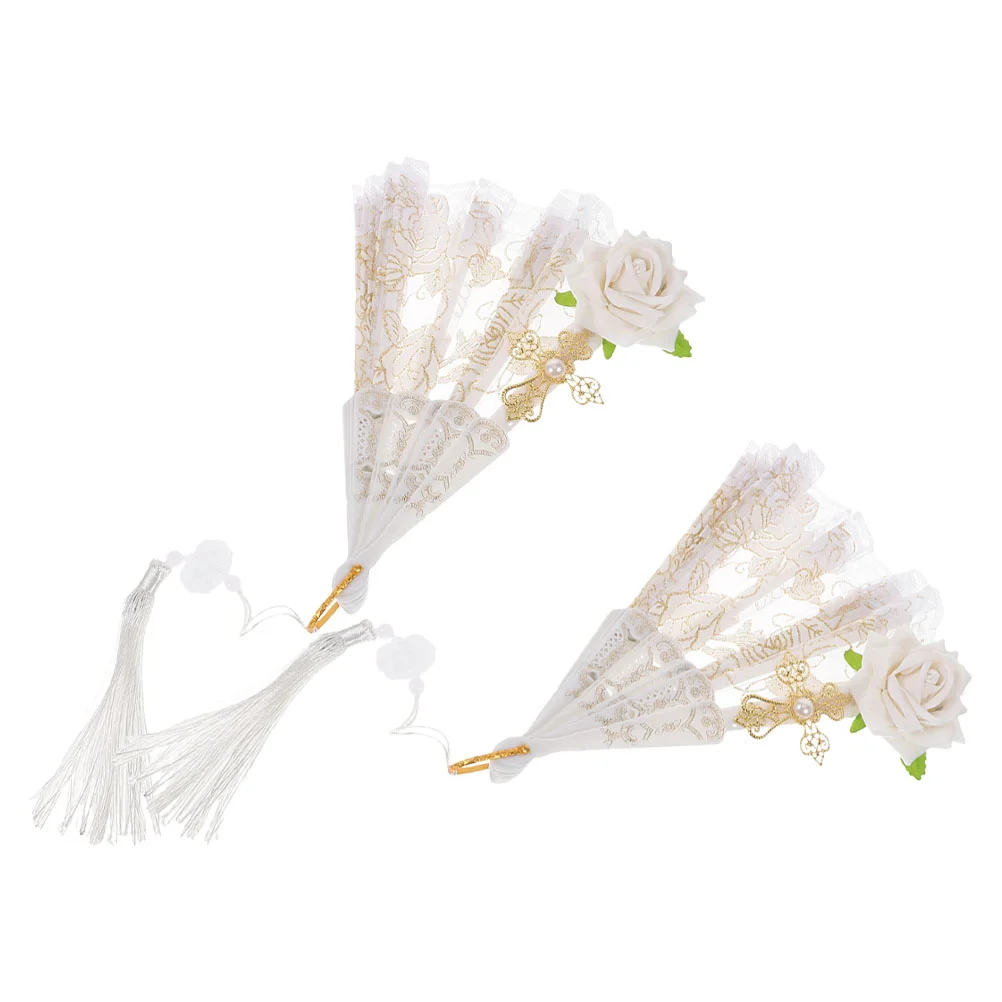 

2 Pcs Lace Fan Hand Held Fancy Dress Party Favor Portable Plastic Handheld Miss