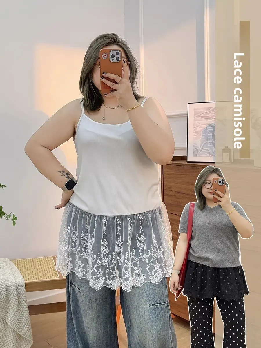 

Pure Cotton Lace Hem Tank Top Women's plus Size Slim Fit Base Layer Wear under irt Summer New Sle Versatile U-Ne Design