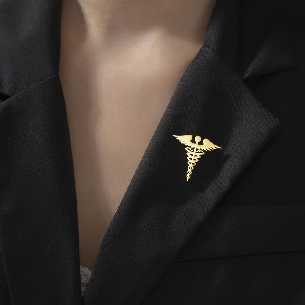 Dawapara Brosche mit Caduceus-Symbol, medizinisches Symbol, Zubehör, Reisende, Talisman, Abschlussgeschenk, Edelstahl-Schmuck – Detail 6