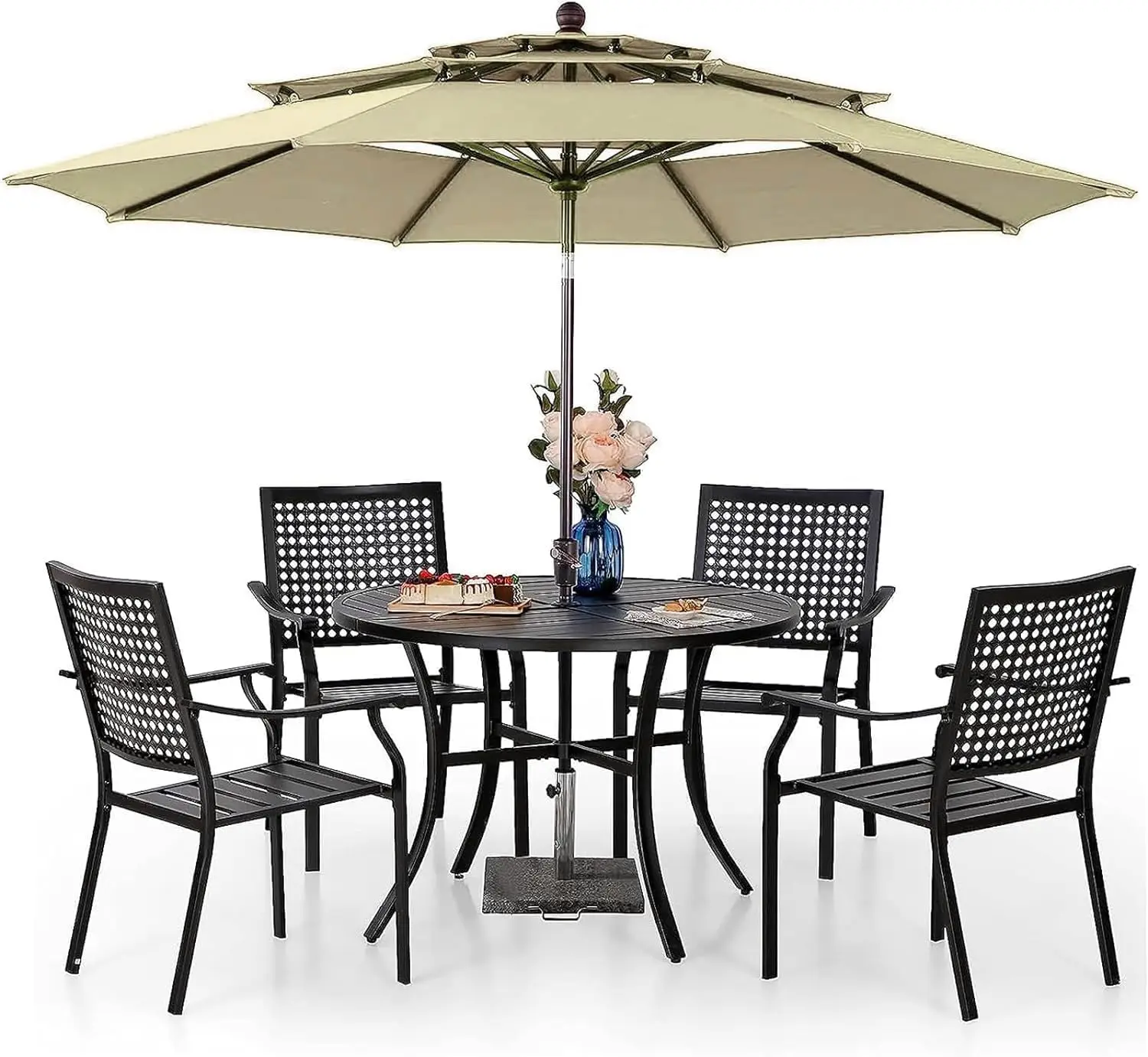 

PHI VILLA 5-Piece Patio Dining Set for 4 with 10ft Umbrella, Round Table, and Stackable Wrought Iron Chairs.