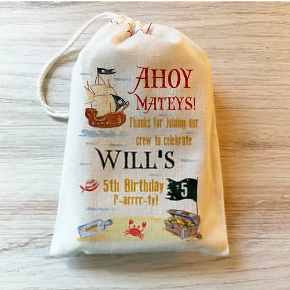 25PCS Pirate Thank you Bag Custom Kids Party Favor Bags - Pirate theme - Personalized - Drawstring Bags - Cotton