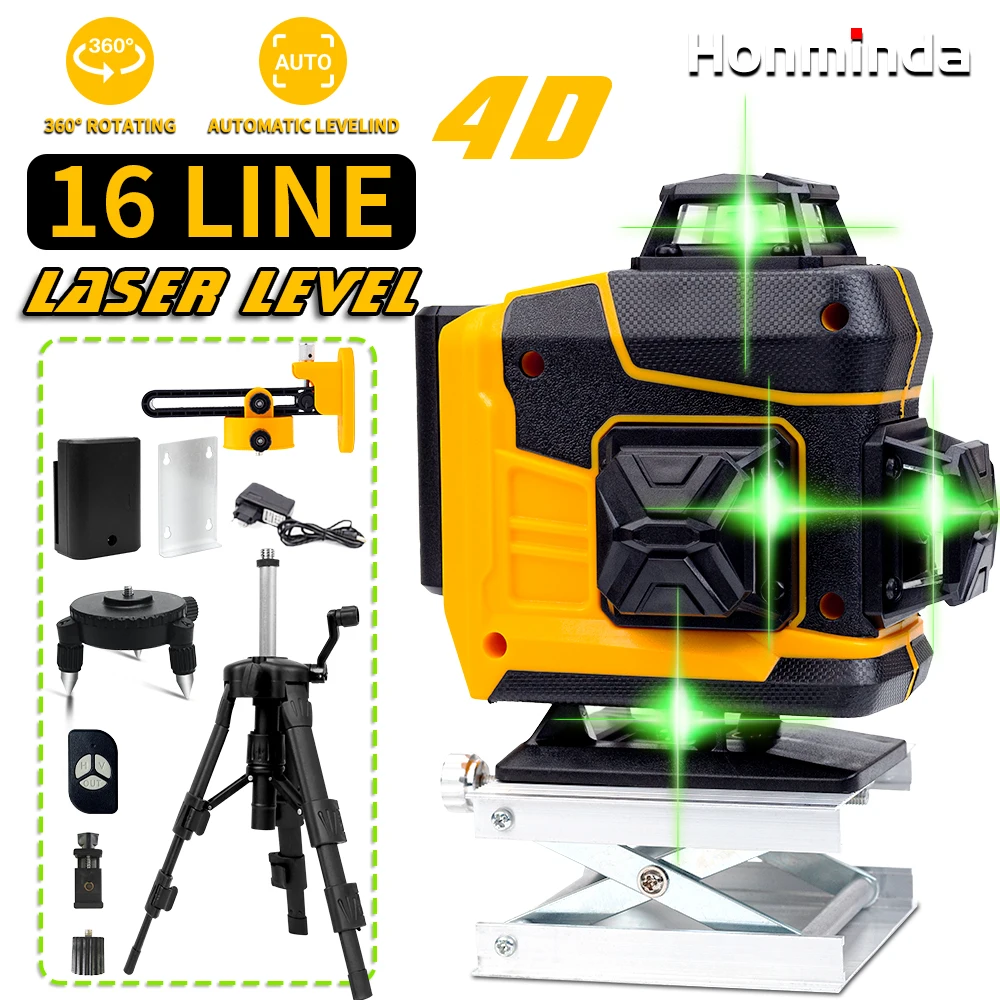 16 line laser level, 4D green line self leveling, 360 horizontal and vertical ultra strong green laser level with tripod