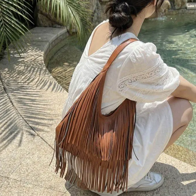 

2026 New Bohemian Fringe Hobo Bag for Women, Layered Tassel Decor, Soft Leather Large Capacity Casual Shoulder Handbag
