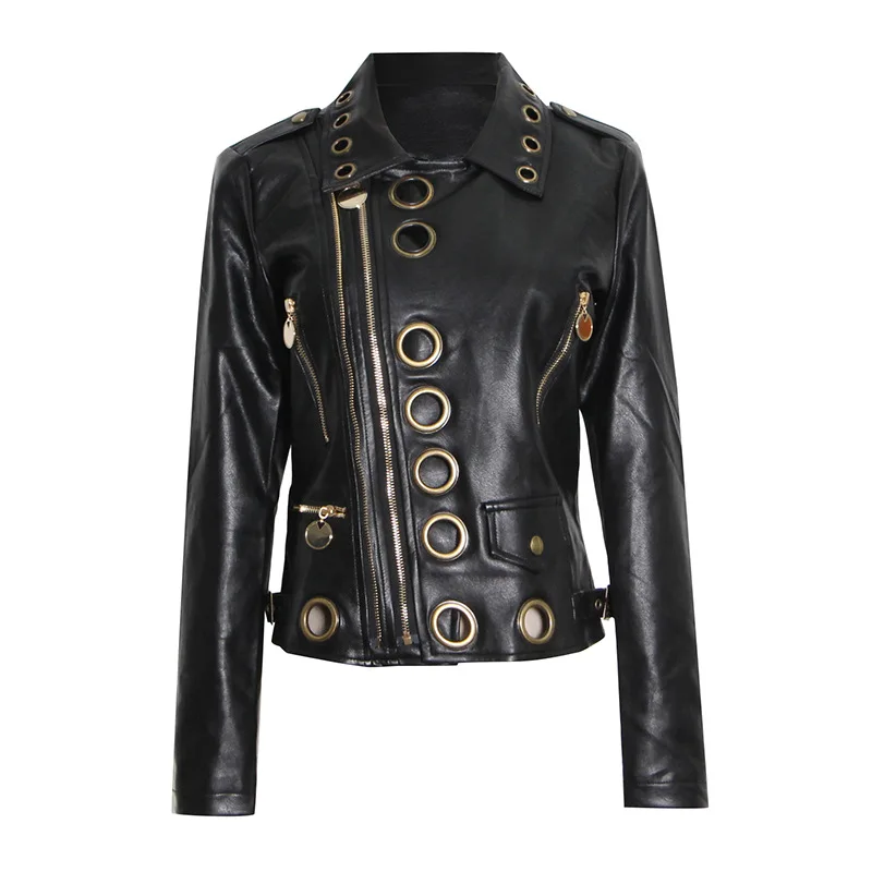 Korean  leather jacket for women's 2024 new fashionable design with metal ring hollow leather jacket for women