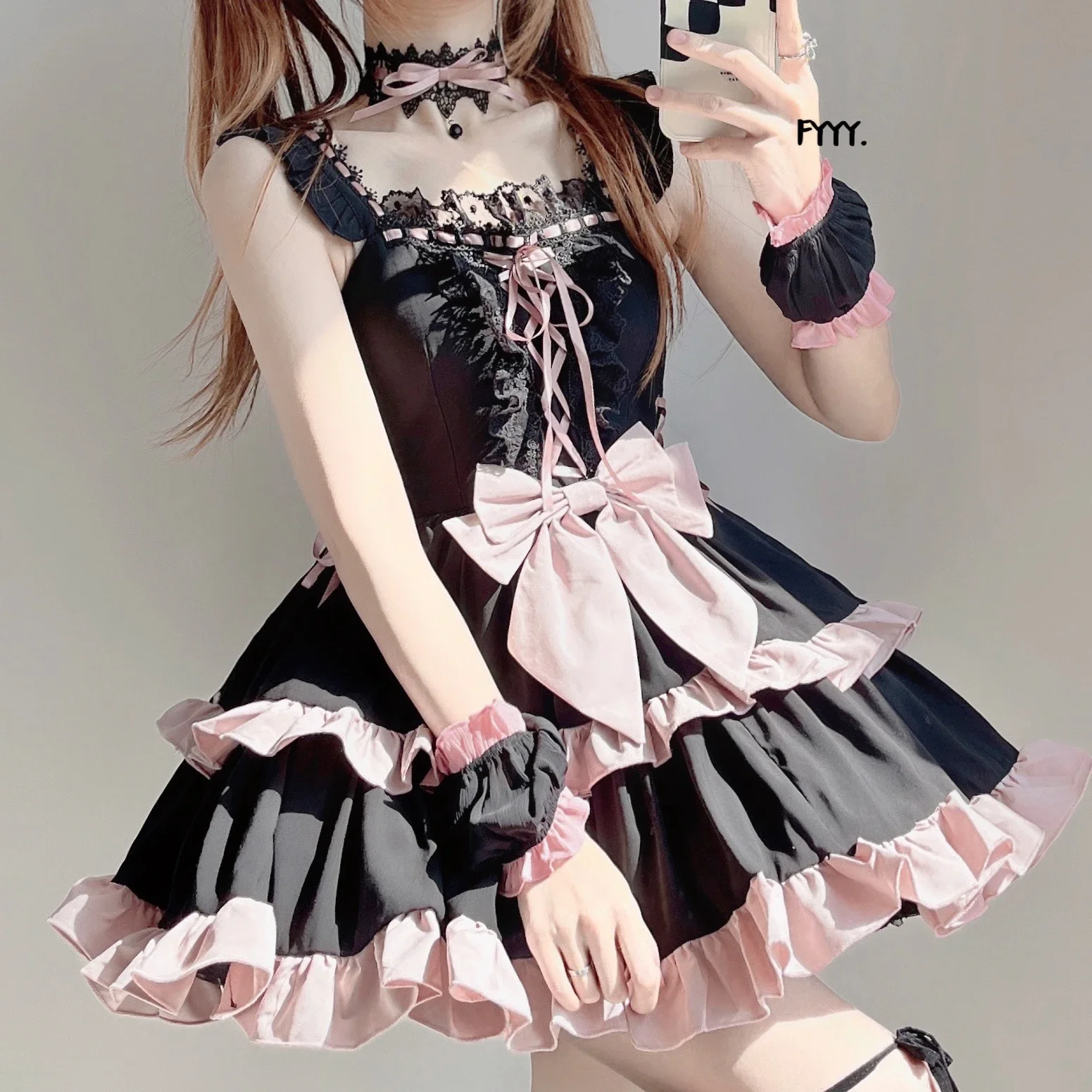 

Original Japanese Harajuku Punk Bow Bandage Stitching Hot Girl Fashion Lolita Temperament Kawaii Sweet Black Dress New