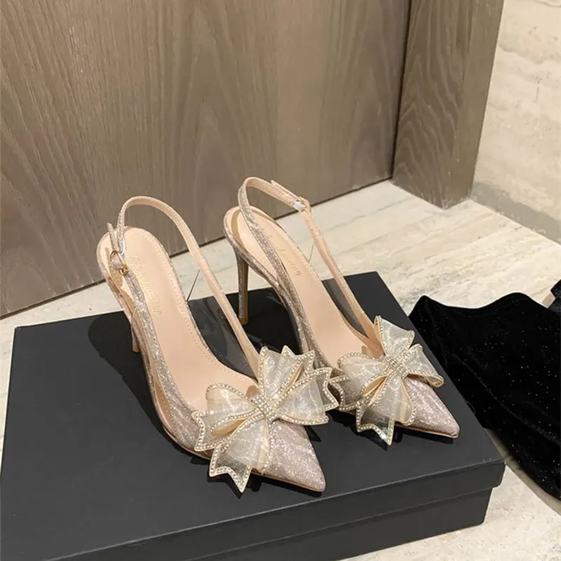 New fine heeled pointy bridal shoes Sparkly material rhinester bow bun head after empty designer banquet luxury high-heeled sand