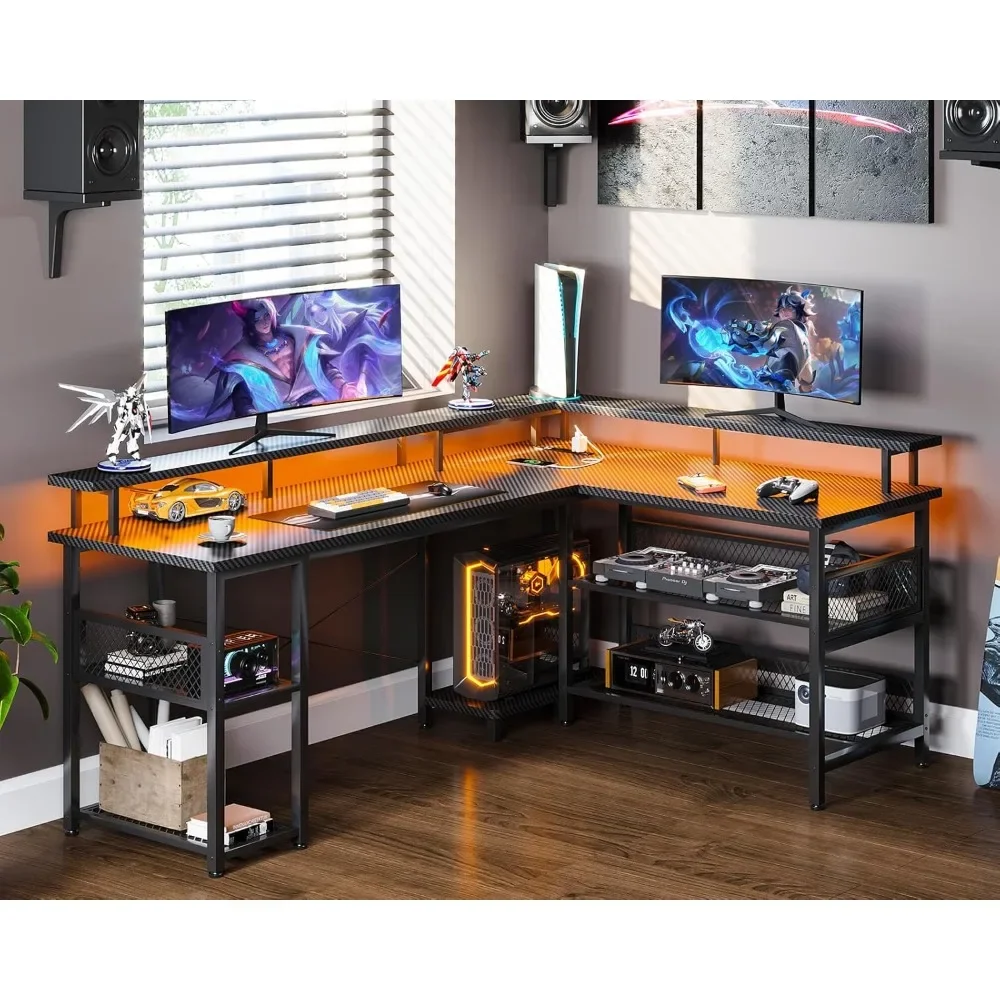 59" L Shaped Gaming Desk with Power Outlet and LED Lights, PC Gaming Table with USB Ports, Reversible L Shape Desk