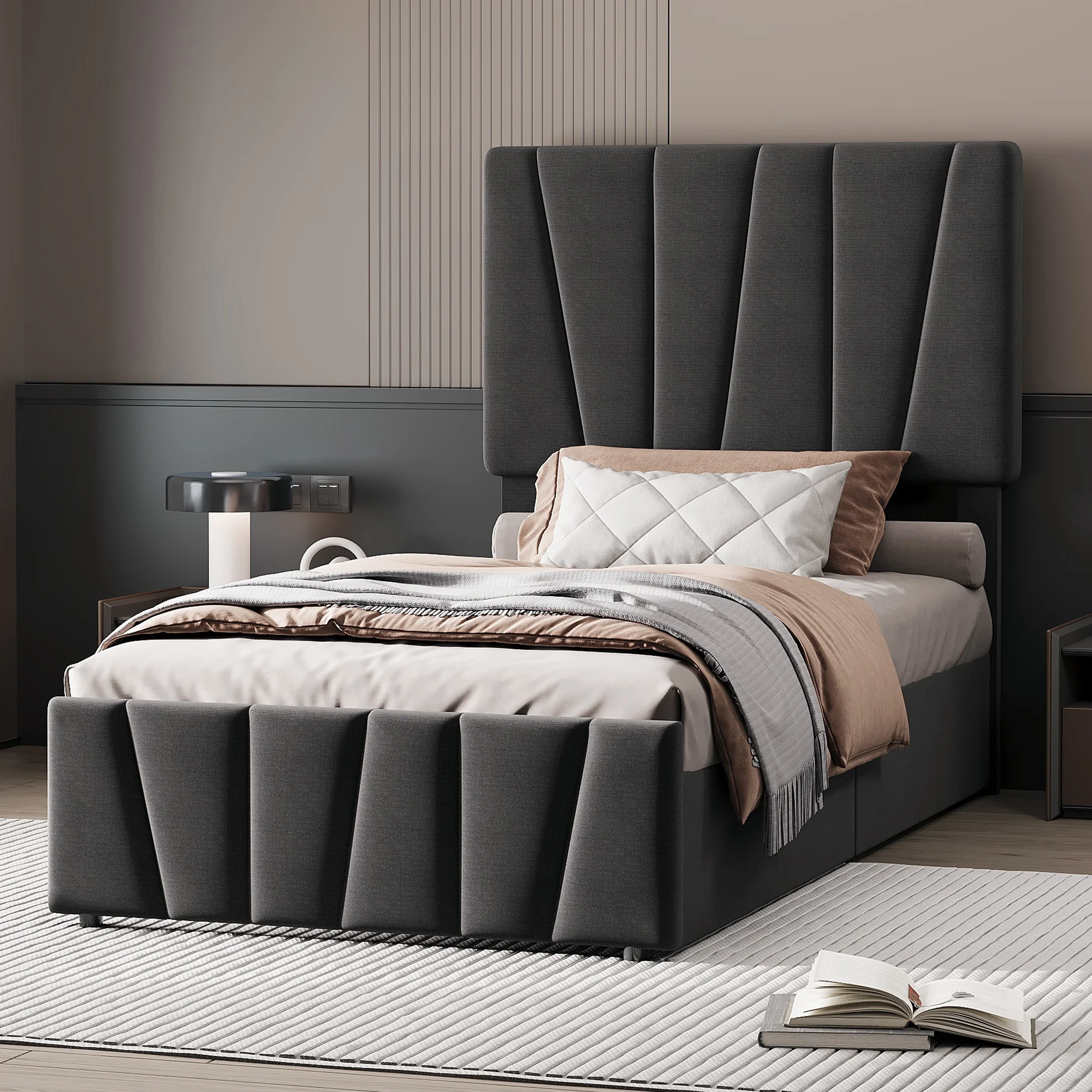 Twin Upholstered Platform Bed with 2 Drawers Diagonal Tufted Linen Fabric Storage Bed Frame Dark Gray Plywood Sponge Modern Bedroom Furniture with Plastic Drawers