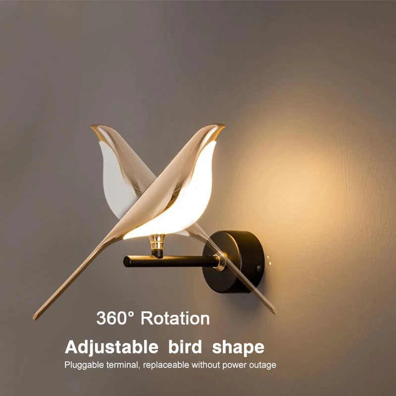 Creative Bird 360° Rotatable LED Wall Lamps Bedroom Bedside Indoor Golden Touch Switch LED Wall Lights Wall Sconce Home