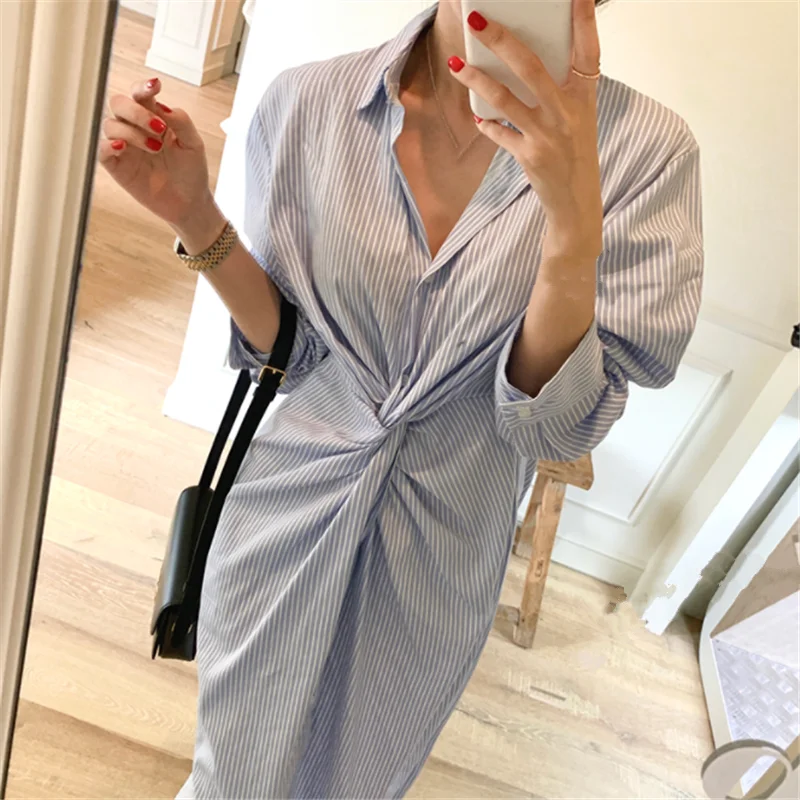 REALEFT 2024 New Vintage Striped Straight Women\'s Shirts Dresses Spring Long Sleeve Front Cross Korean Casual Dress Female