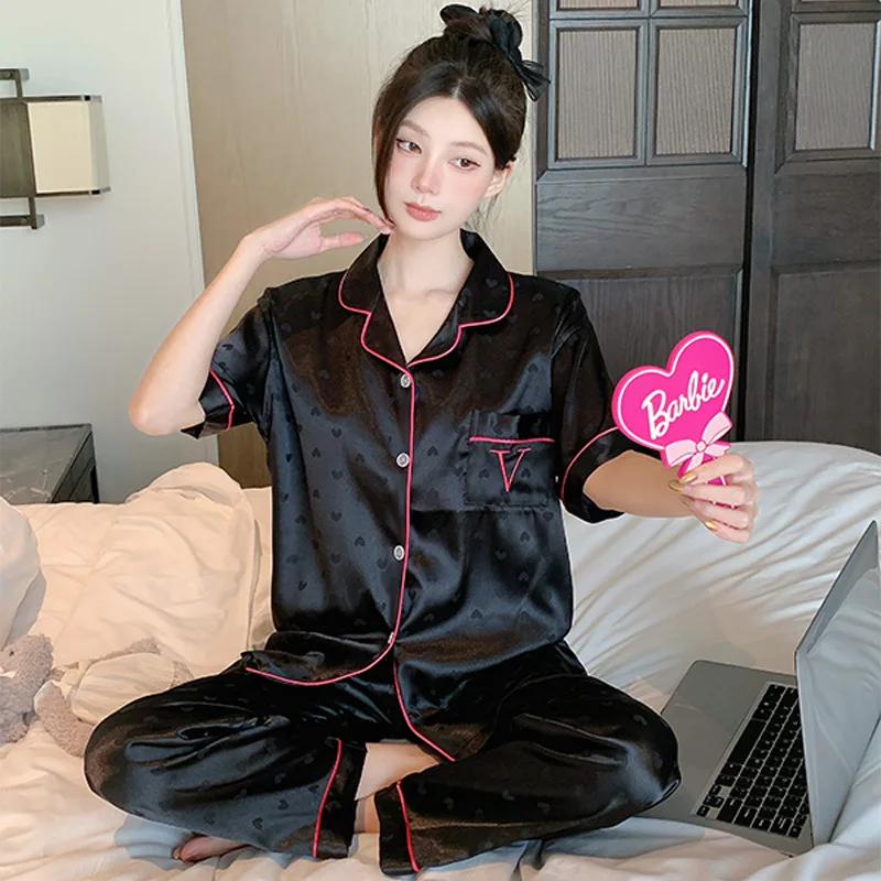 

Summer Nightwear for Women: Ice-Silk Cool-Touch Short-Sleeved Premium Black Heart-Print Outerwear-Style Loungewear Fashion Set