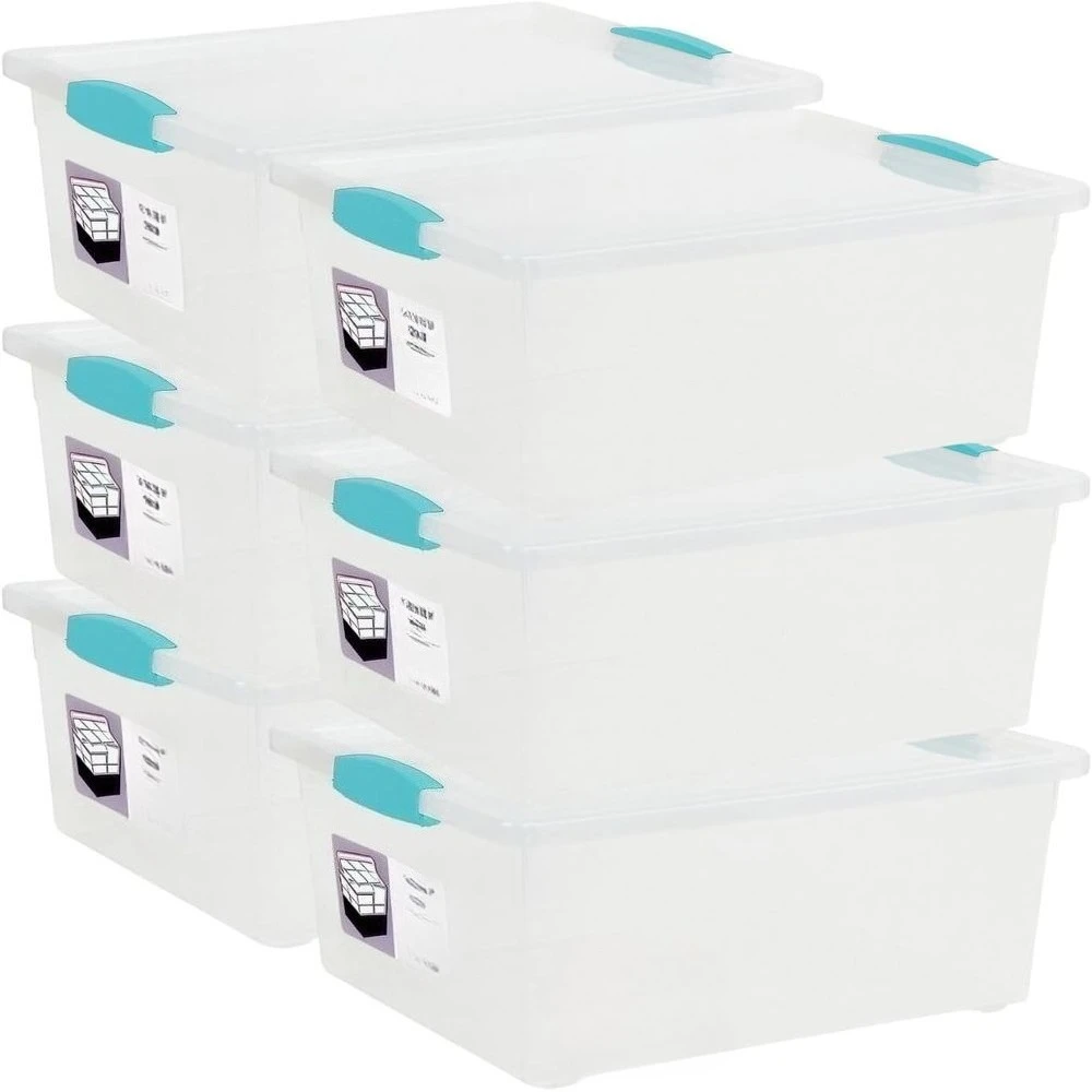 

Набор из 6 штабелируемых пластиковых контейнеров для хранения объемом 12 кварт с крышками, для организации принадлежностей и офисных предметов, цвет: бирюзовый