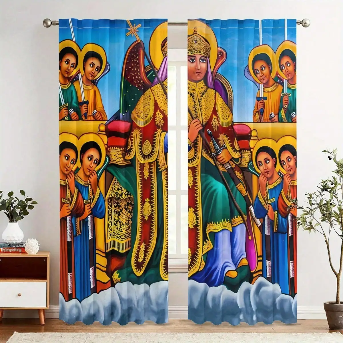 Religious Art With Saints & Crosses -  Light Blocking Window Drapes For Living Room, Office Church - Machine Washable Polyester