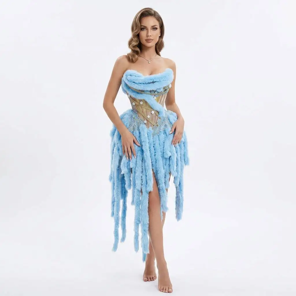 Luxuriöses Blaues Kunstfell-Strass-Minikleid Sexy Transparentes Netz-Korsettkleid Drag Queen Bühnenoutfit Sänger-Performance Gala-Kostüm