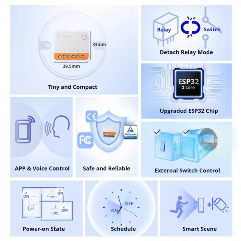 SONOFF-MINI R4 Módulo Interruptor WiFi, 2 Way, Módulo Smart Home, Relé Wi-Fi, Controle Remoto de Voz, Alexa, Google Home, Alice