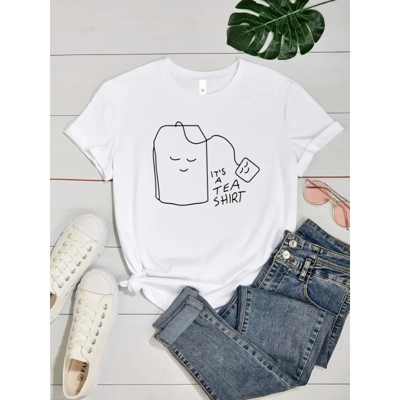 Tea Shirt Women Print T-Shirt Funny Print Short Sleeve Crew Neck Casual Top for Summer Women Clothing Casual Every Day Clothing