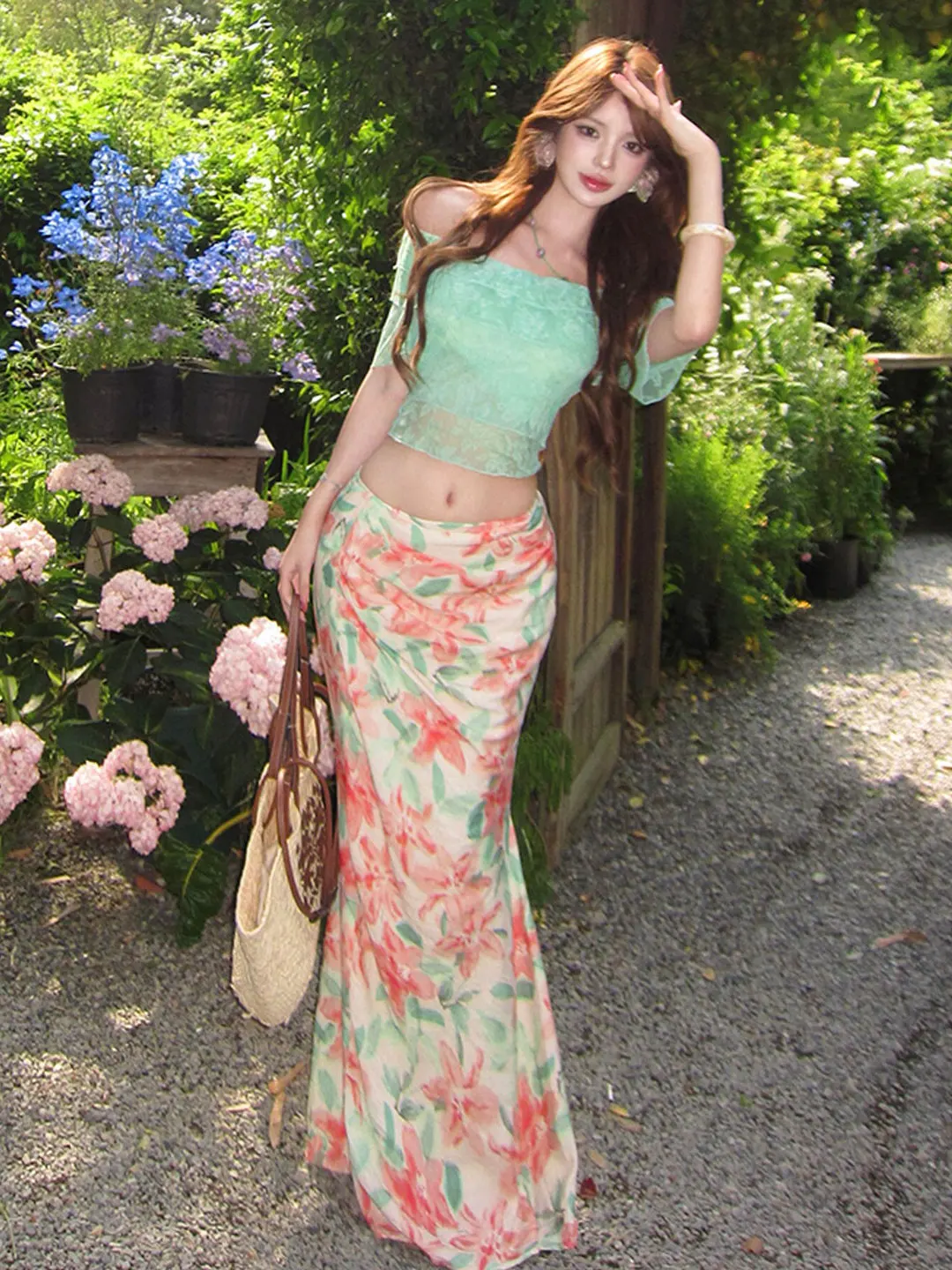 

Summer Vacation Style One Shoulder Floral Print Skirt And Top Set Gentle Elegant Two Piece Women's Fashion Comfortable Casual...