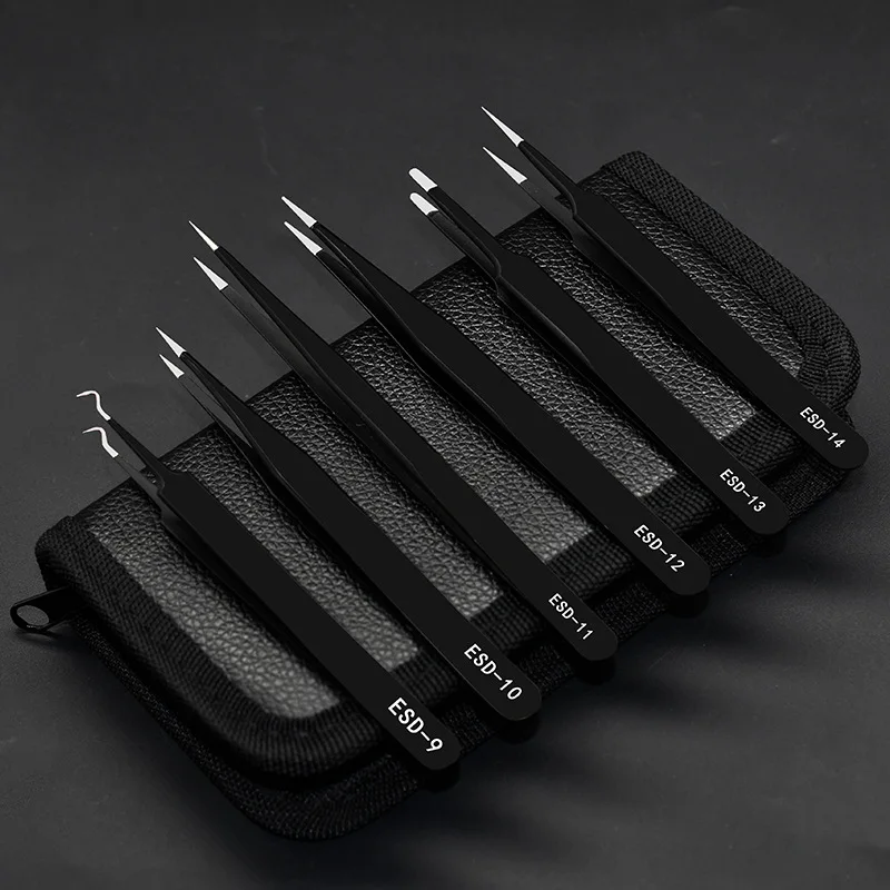 12Pcs Industrial Tweezers ESD Anti-static Stainless Steel Precision Tweezer Elbow Straight With Bag Repair Maintenance Hand Tool