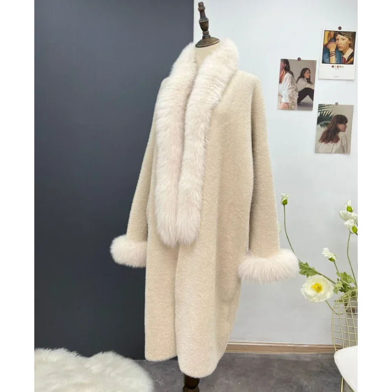 Women's Long Profile Real Fur Coat Winter Wear2024 Fox Collar Knitted Large Cape Mink Fleece Cardigans Luxury Elegant Keep Warm