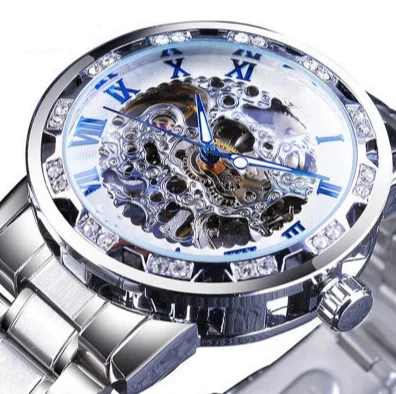 Fashionable and Casual Diamond Inlaid Hollow Design Manual Mechanical Watch Multifunctional Men\'s Trendy Business Watch