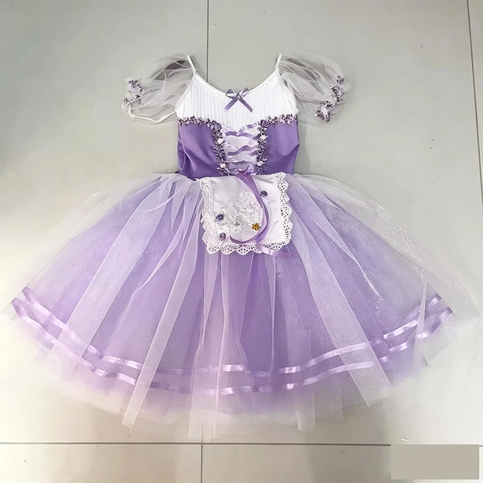 女の子用パープルプリンセスチュールバレエドレス-キッズパフスリーブレースエプロンチュチュドレス-女性子供誕生日パーティーパフォーマンスコスチューム