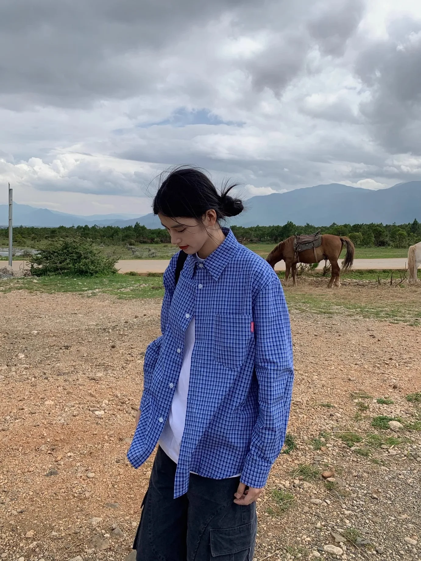 

American Retro Blue Plaid irt Loose Long Sve Men's Faionable Slim Fit Contrast Color Collar Stand up Spring Autumn