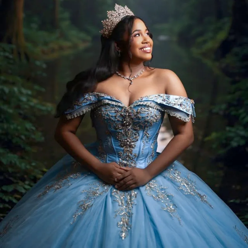 

Синее платье Quinceanera, кружевное блестящее цветочное платье с кристаллами, длинный хвост, длинный хвост, платья de 15, Quinceanera ﻿ Индивидуальный