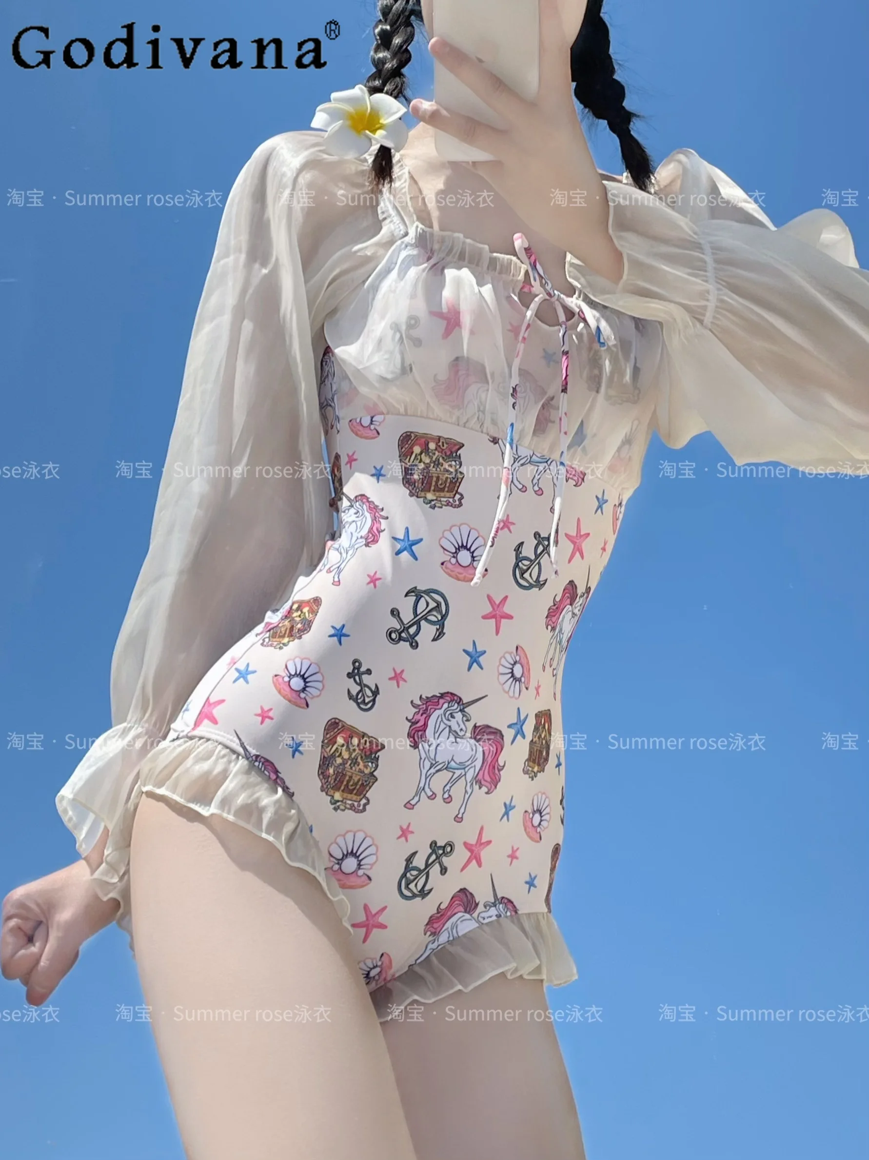 2024 One-Piece Swimsuit Girly Sweet Cute Ruffles Cartoon Print Student Kawaii Swimwear Women Seaside Long Sleeve Sunscreen Coat