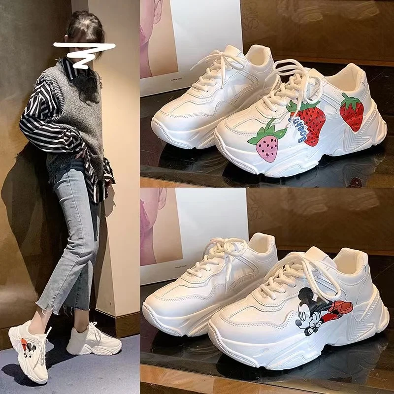 Mickey Mouse Donald Duck celebrity spring summer original style small white shoes female thick soles raised height Korean shoes