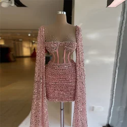 Glitter Pink Prom Dresses Long Sleeves Sequins Mini Evening Dress Custom Made Above Knee Length Party Gown