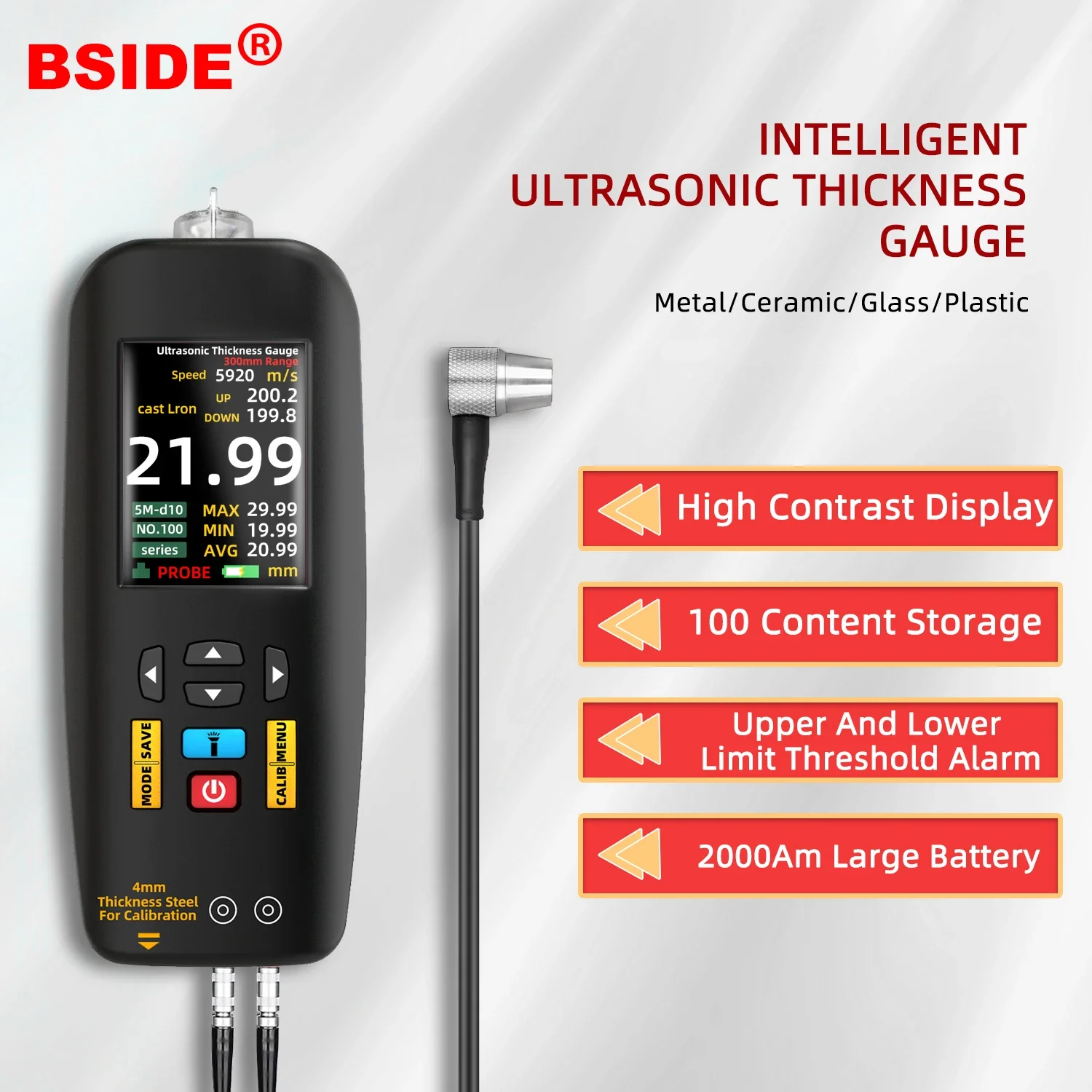 BSIDE T7 Digital Ultrasonic Thickness Gauge 0.01~300mm Metal Steel Pipe Wall Steel Glass Thickness Gauge Tester Rechargeable New