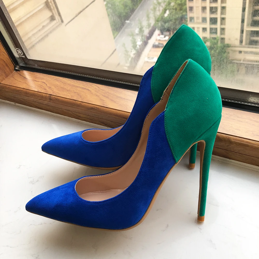 Tikicup Blue With Green Flock Women Elegant Pointy Toe High Heel Shoes Sexy Stiletto Pumps Party Dress Customizable 12/10/8cm