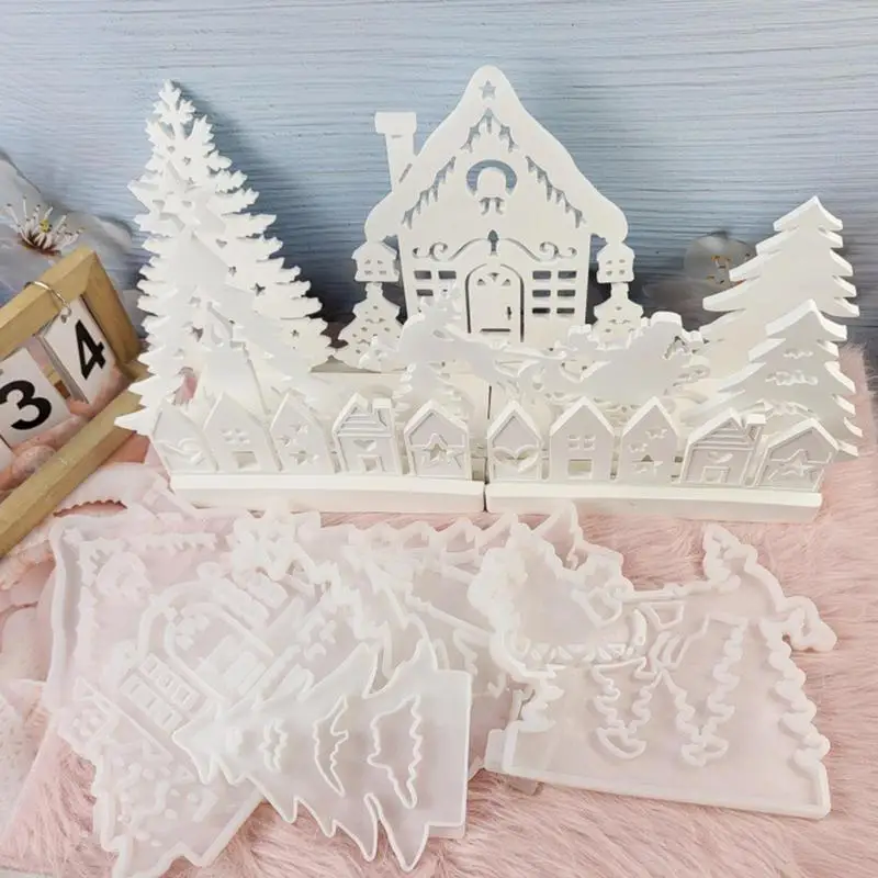 Christmas House Figure Molds Set Of 7 Christmas House Statue Silicone Mold Beginners-Friendly Casting Mold For Home Seasonal