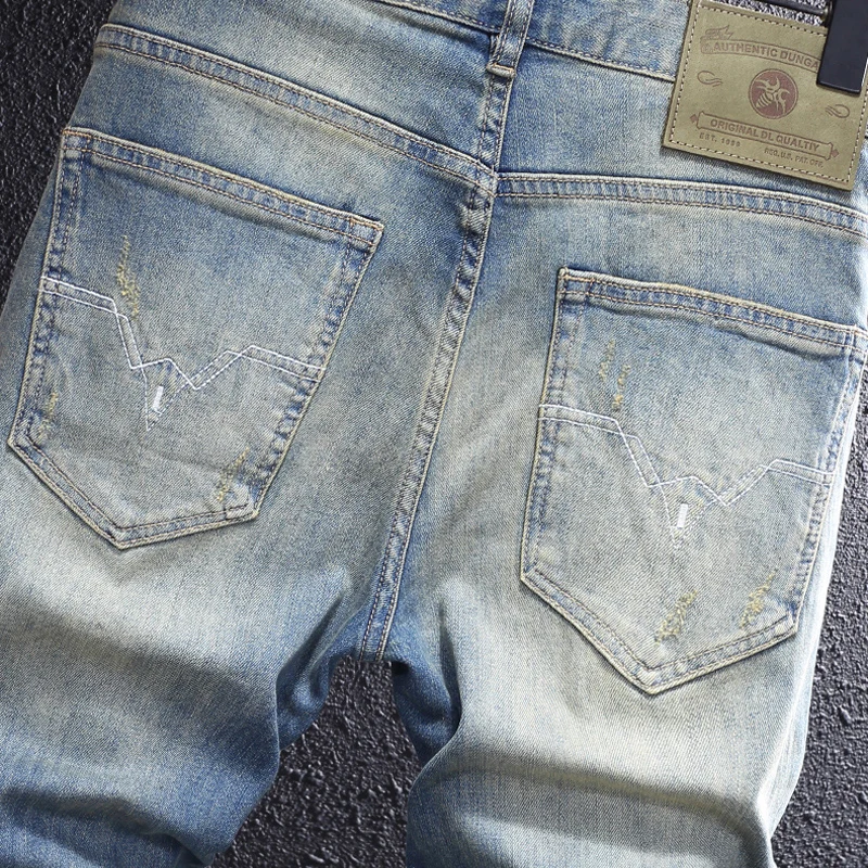 

Fashionable new men's washed blue jeans, nostalgic stretch slim fit jeans, designer straight tube retro pants, Y2K