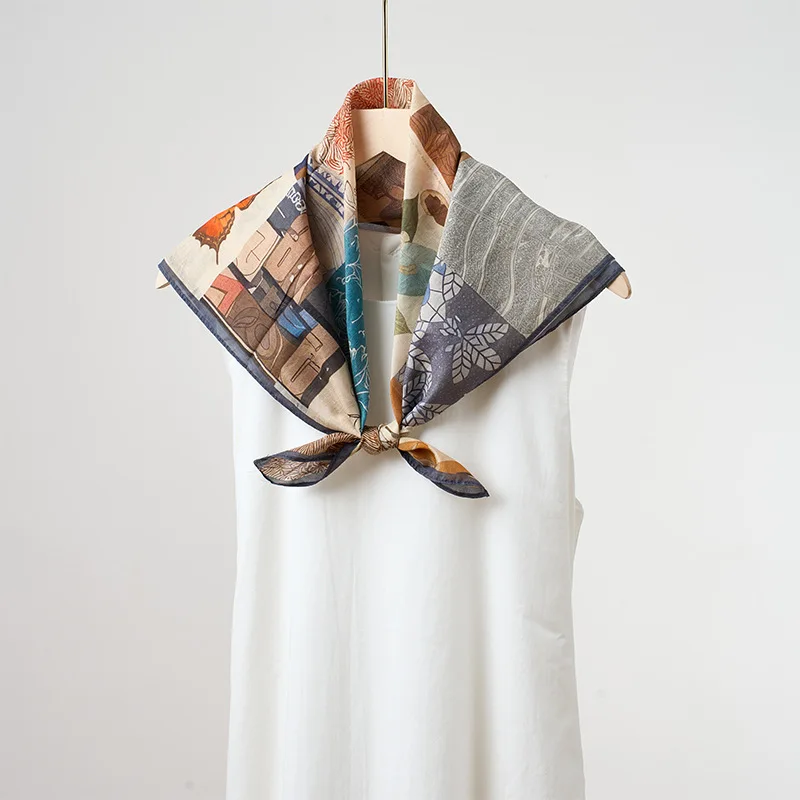 Printed Mulberry Silk Cotton Blend Square Scarf for Women Lightweight Breathable Neck Head Wrap for Spring Summer