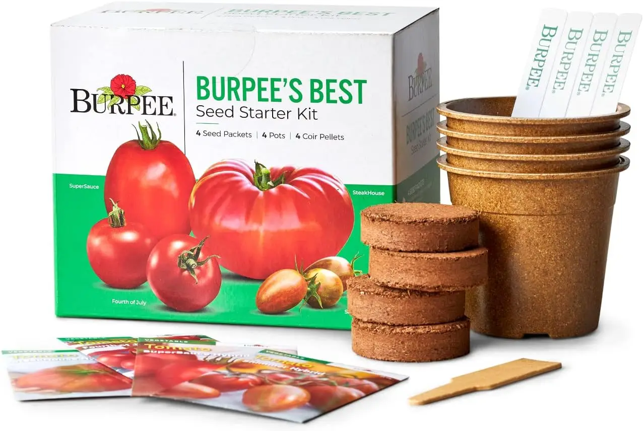 4 Tomato Seed Starter Kit with Pots & Soil Pellets, SuperSauce, SteakHouse, Fourth of July, Shimmer