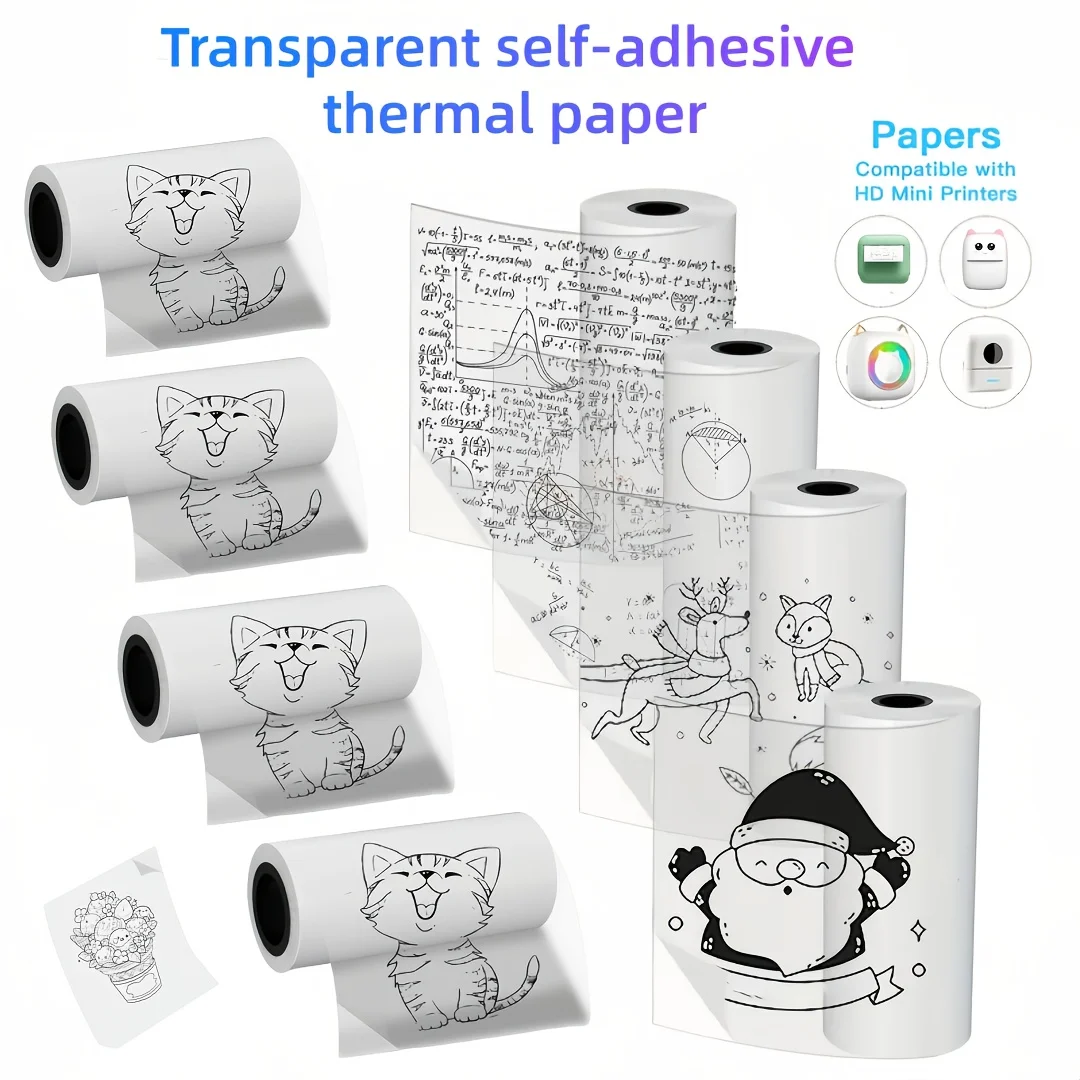 8pcs 57mm Mini Thermal Clear Paper Transparent Self-Adhesive Thermal Paper for Mini Portable Printer Journal Photo Note Supplies