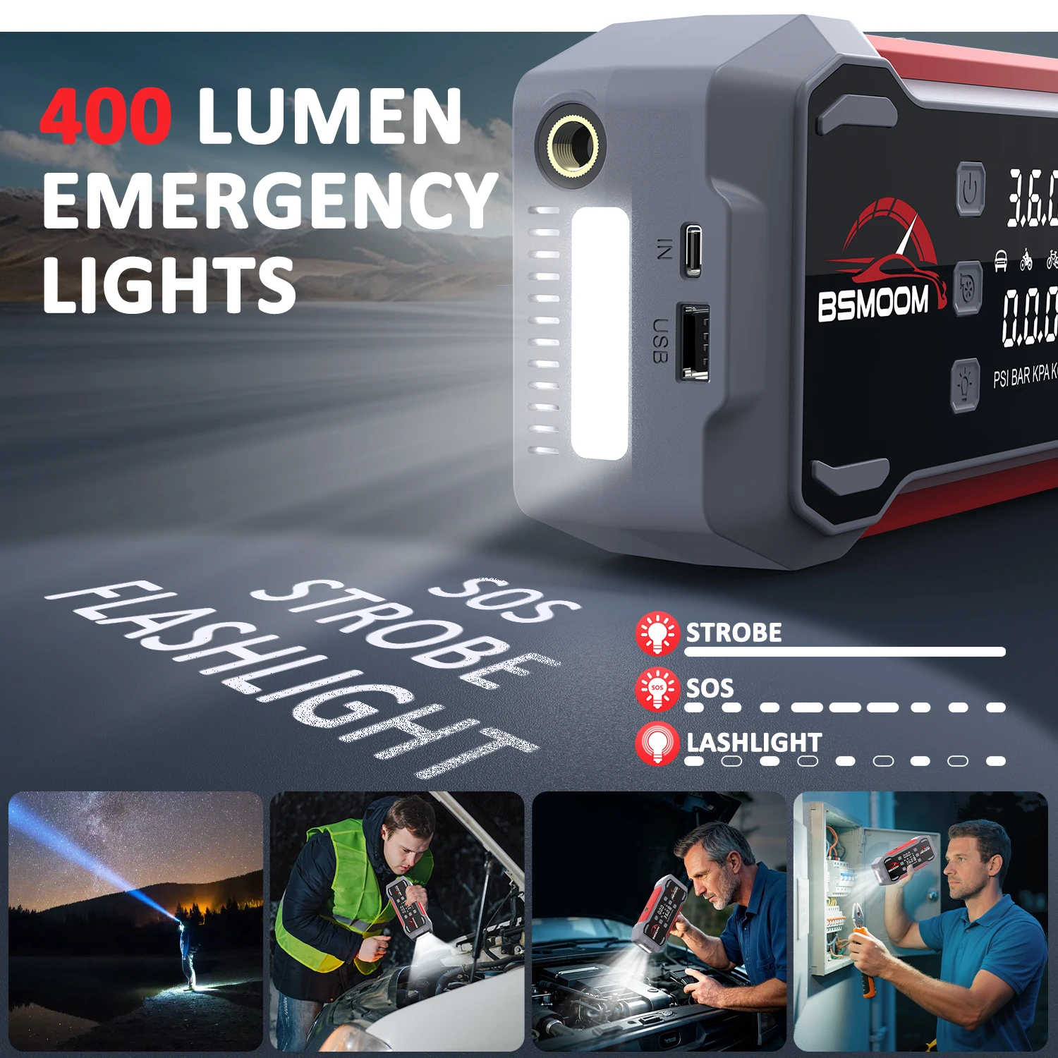 6-in-1 8000A Portable Emergency Jump Starter Features a 150PSI Air Compressor, a Barbecue Blower, and Can Also Charge Mobile Phones and Tablets.