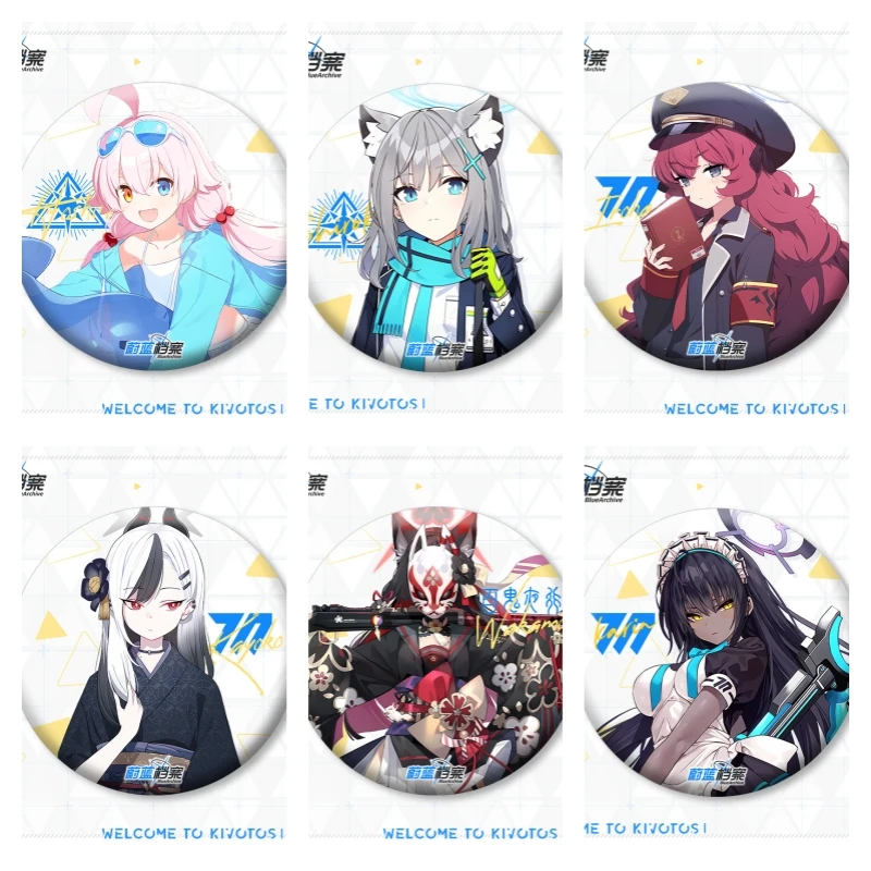 

Blue Archive Anime Figure Takanashi Hoshino Natsume Iroha Cosplay Metal Badge Onikata Kayoko Character Decorative Pins Fans Gift