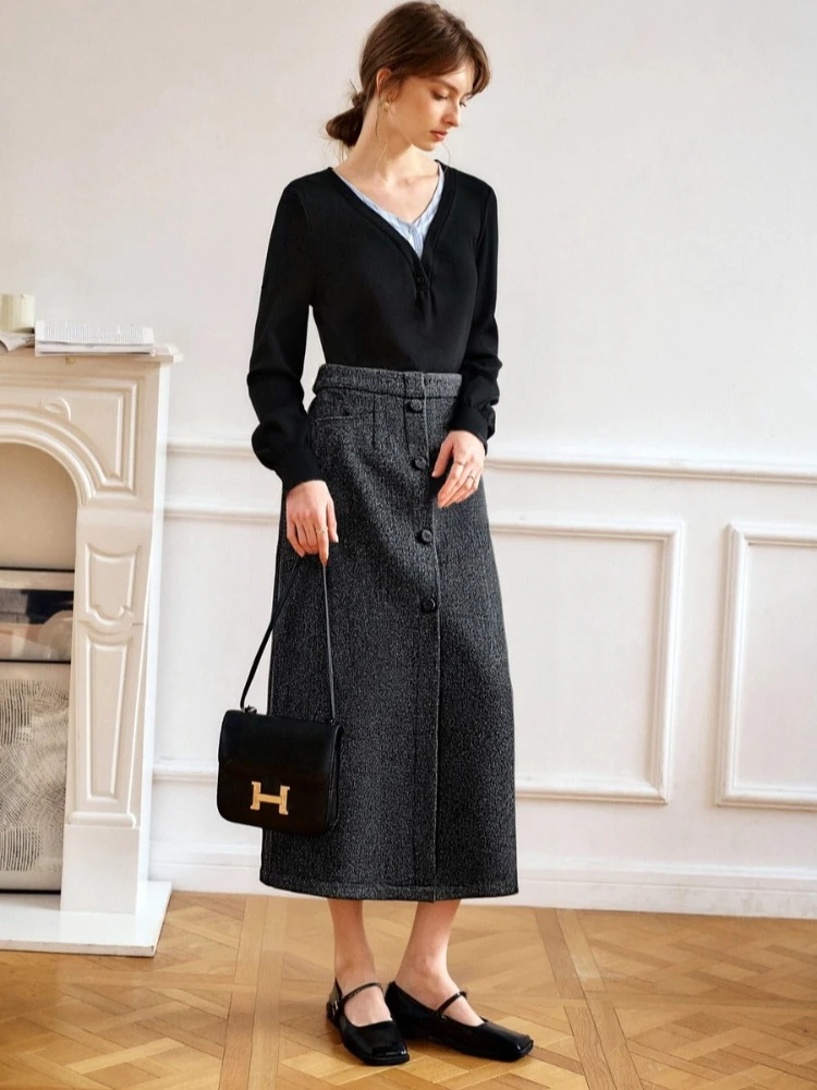 กระโปรงทรงตรงผู้หญิง OLrain รุ่นใหม่ประจำฤดูใบไม้ร่วงปี 2025 กระโปรงทรงหลวมแบบเรียบง่าย มีกระเป๋า สไตล์ฝรั่งเศส เสื้อผ้าผู้หญิงสำหรับใส่ทำงาน รุ่น O57DB95565