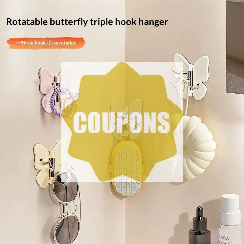 Cute Butterfly Self Adhesive Wall Hooks 360 Degree Rotation 3 Hooks For Bathroom Kitchen Home Hanging Jewelry Towels Small Items