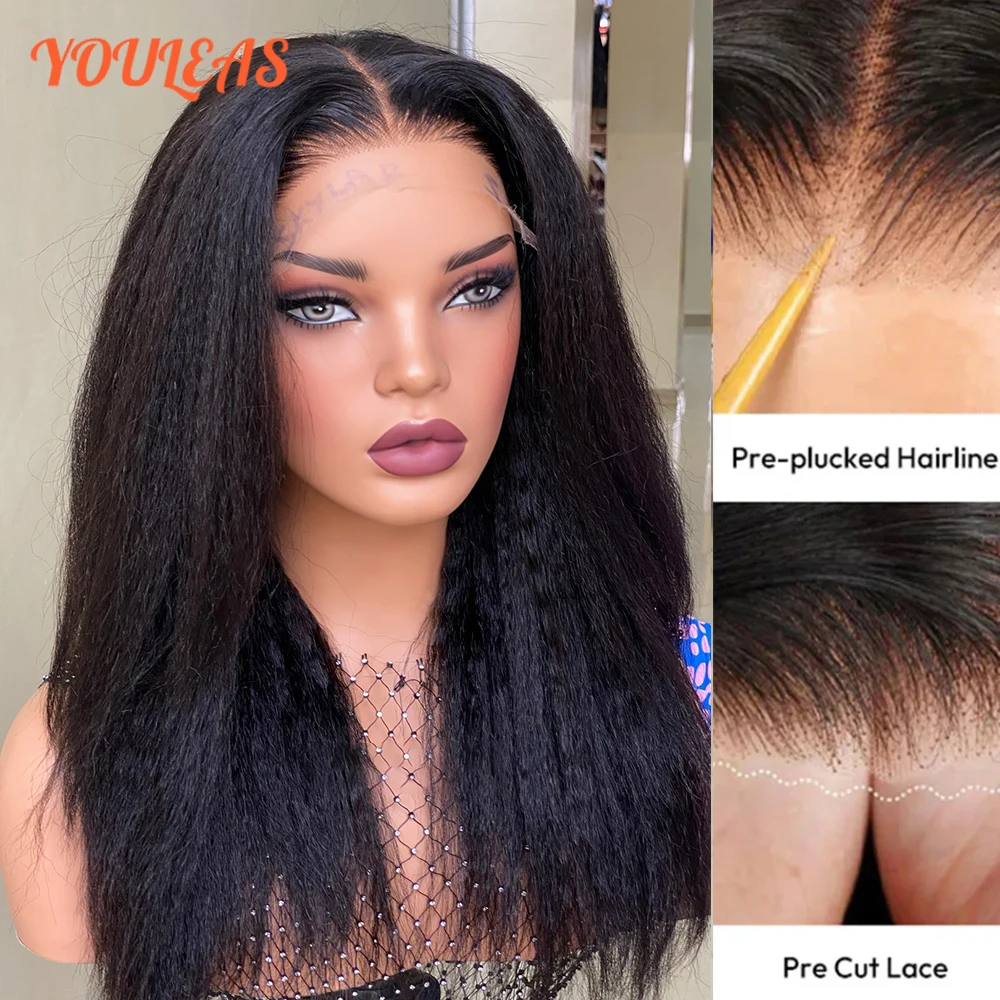 

Natural Black Colored Kinky Straight Wig 13x4 Transparent Lace Frontal Gluless Wig Preplucked Human Hair Ready To Wear