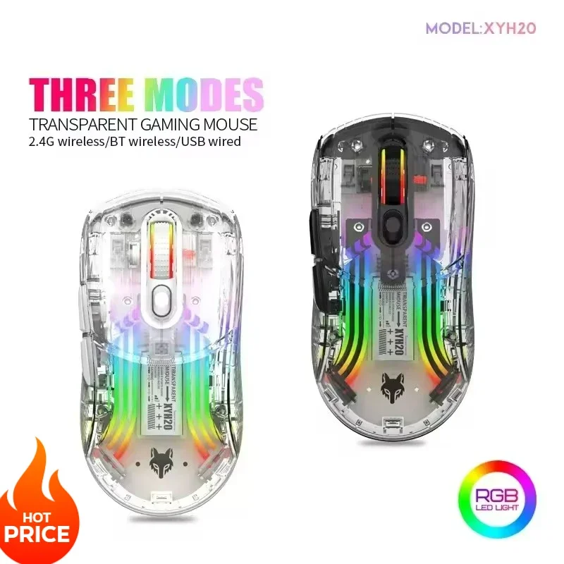 

Bluetooth Gaming Mouse RGB Tri-Mode Connection Transparent Shell Esports Wireless Wired Mouse for PC/Mac Computer and Laptop
