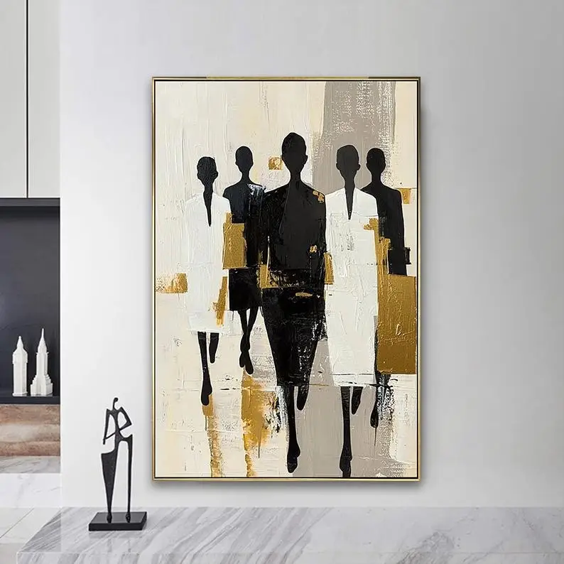 

Hand-Painted Large Abstract Fashion Canvas Oil Painting Unframed Modern Black Gold Silhouette Oil Artworks for Living Room Decor
