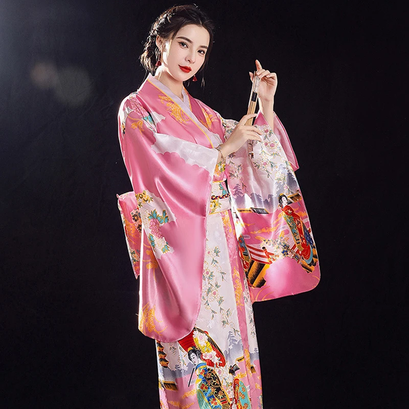 Female Sexy Lingerie Robe Satin Printed Bathrobe Kimono Gown Spring Autumn Sleepwear Loose Casual Home Dress Yukata with Obi