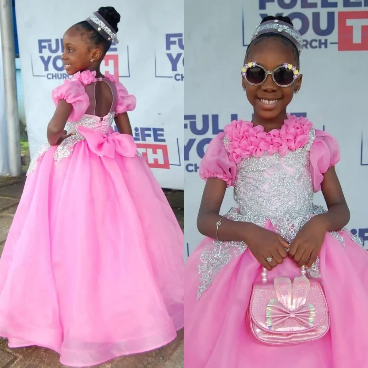 Princess Pink Girls Birthday Party Dress Customized Flower Girl Dresses Bow Back Queen Ball Gown for Photoshoot